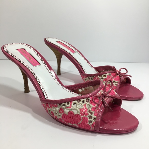 🎀 Betsey Johnson Pinup Bow Pink Lace Sandal Heels - Picture 3 of 8